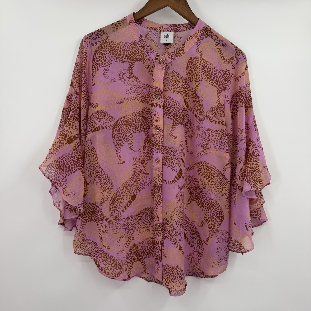 Cabi Cheetah Blouse Women Large Pink Linx Leopard Print Ruffle Sleeve Sheer 5711